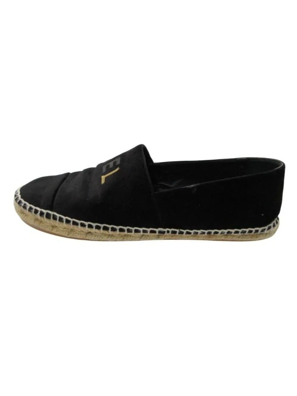 Chanel Slip-on Espadrilles Velour Logo Plate Flat Shoes Jute Black